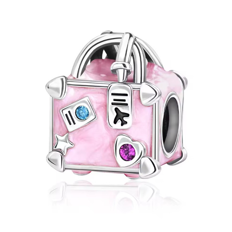 Charm pour bracelet argent voyage valise rose avion