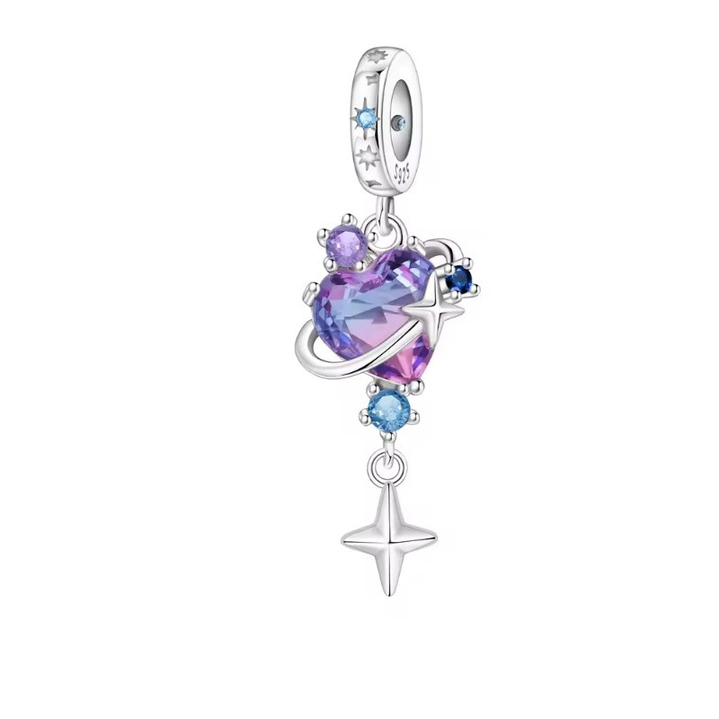 Charm pour bracelet coeur pierre violette étoile filante
