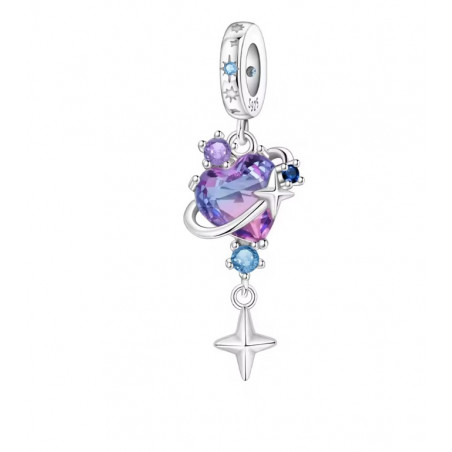Charm pour bracelet coeur pierre violette étoile filante