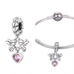 Charm pour bracelet deux anges portent un coeur rose
