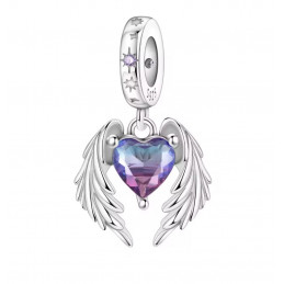 Charm pour bracelet coeur violet grandes ailes d'ange