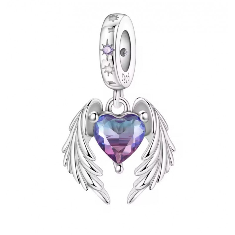 Charm pour bracelet coeur violet grandes ailes d'ange
