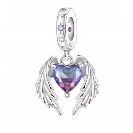 Charm pour bracelet coeur violet grandes ailes d'ange
