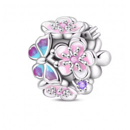 Charm pour bracelet couronne de fleurs rose papillon