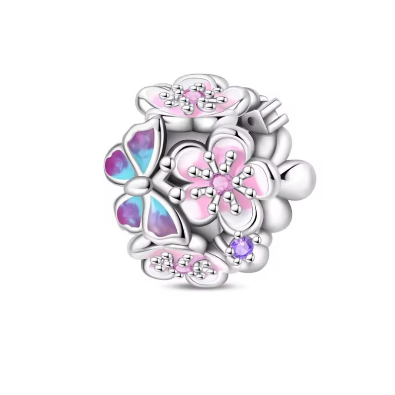 Charm pour bracelet couronne de fleurs rose papillon
