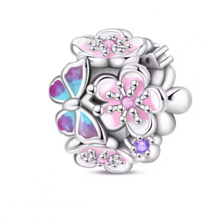 Charm pour bracelet couronne de fleurs rose papillon