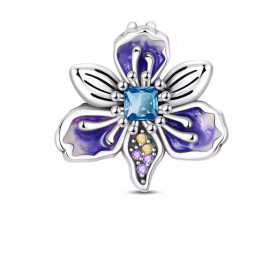 Charm pour bracelet fleur orchidée violette pierre bleue