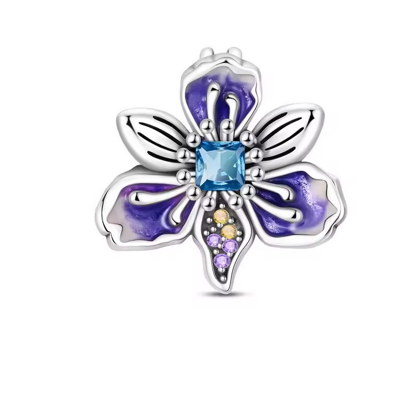 Charm pour bracelet fleur orchidée violette pierre bleue