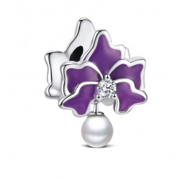 Charm pour bracelet fleur orchidée violette perle blanche