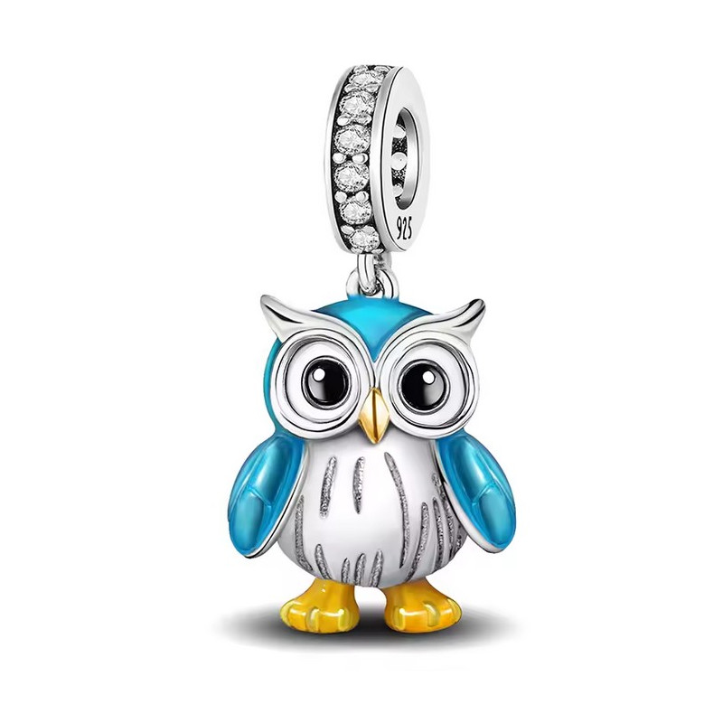 Charm pour bracelet hibou chouette bleu suspendu