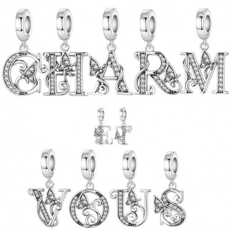 Charm pour bracelet cadeau lettre prénom alphabet papillon