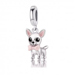 Charm pour bracelet argent chien chihuahua oreille noeud rose