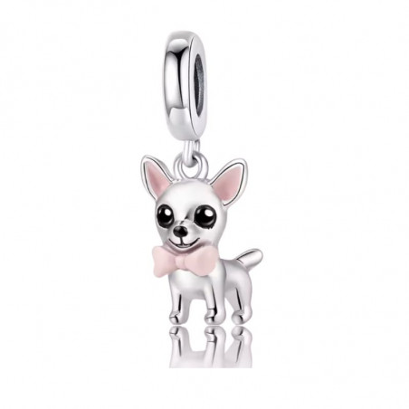 Charm pour bracelet argent chien chihuahua oreille noeud rose