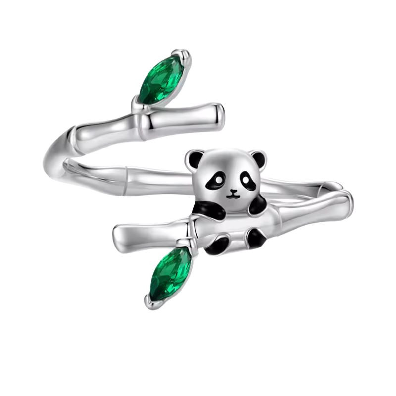 Bague réglable panda sur bambou feuille