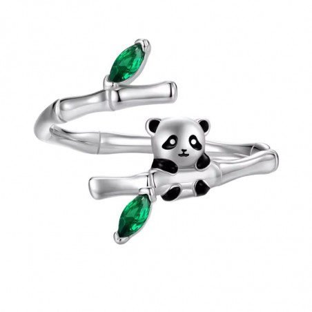 Bague réglable panda sur bambou feuille