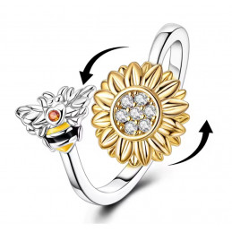 Bague réglable abeille fleur or pivotante