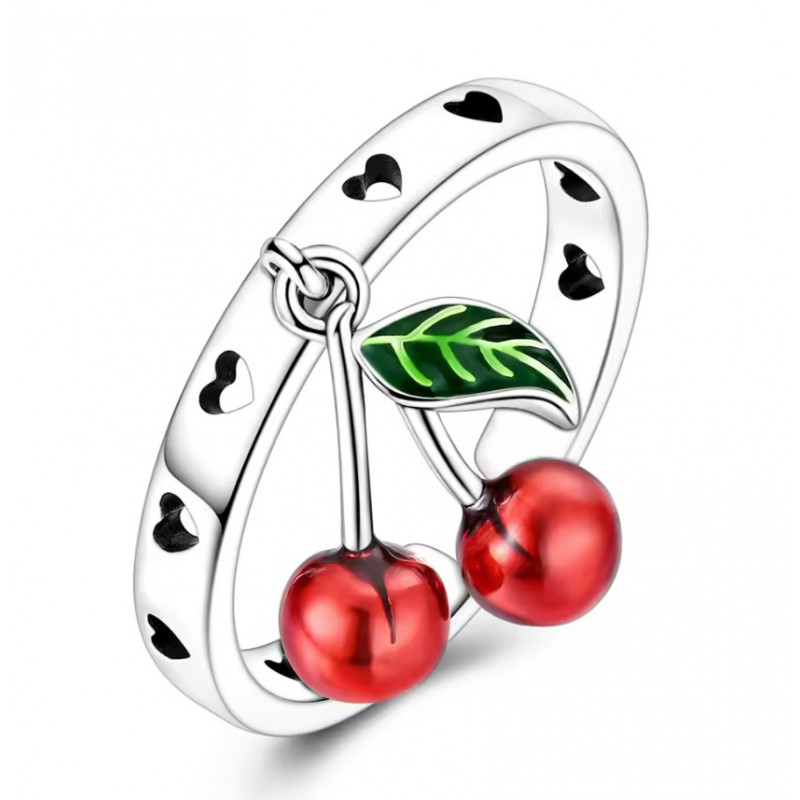 Bague réglable coeur cerises accrochées