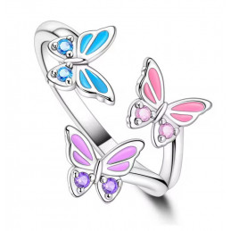 Bague réglable 3 papillons bleu rose violet