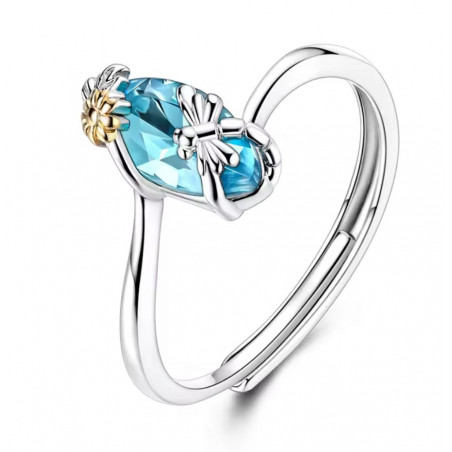 Bague réglable pierre bleu libéllule fleur