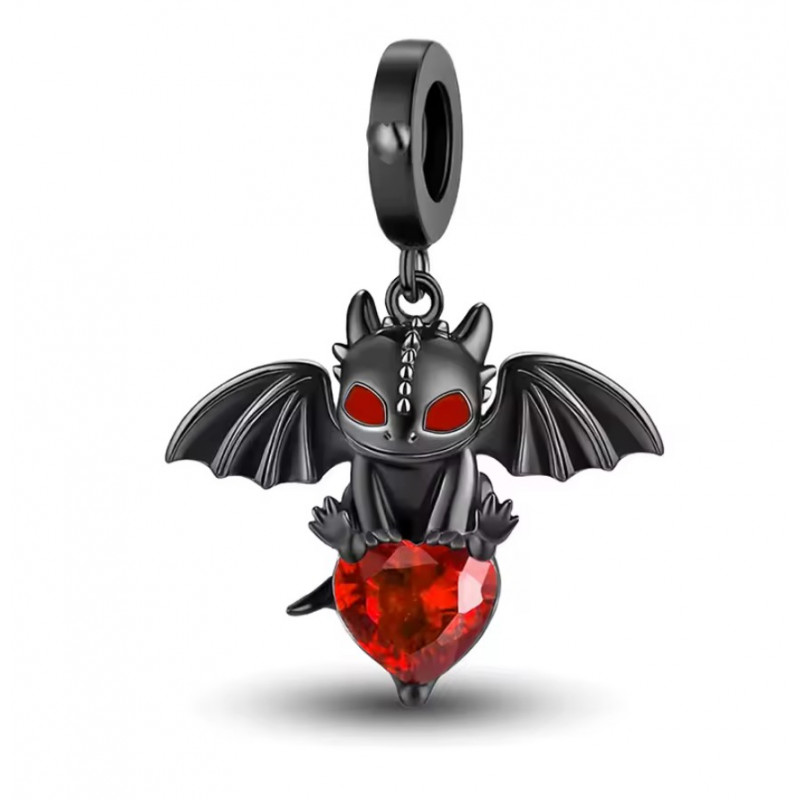 Charm pour bracelet dragon noir assis sur coeur rouge
