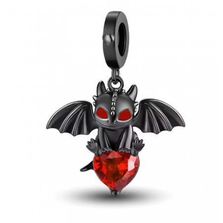 Charm pour bracelet dragon noir assis sur coeur rouge