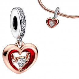 Charm pour bracelet double coeur or rose rouge et pierre