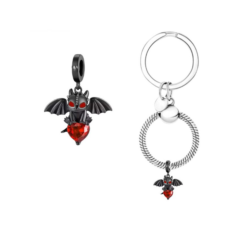 Porte clés avec bijou charm dragon noir coeur rouge