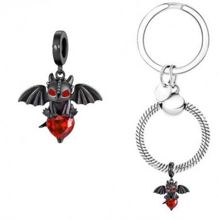 Porte clés avec bijou charm dragon noir coeur rouge