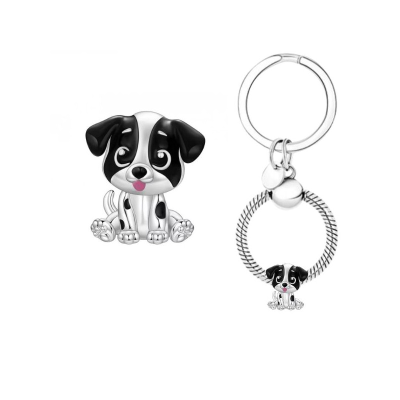 Porte clés avec bijou charm chien noir et blanc