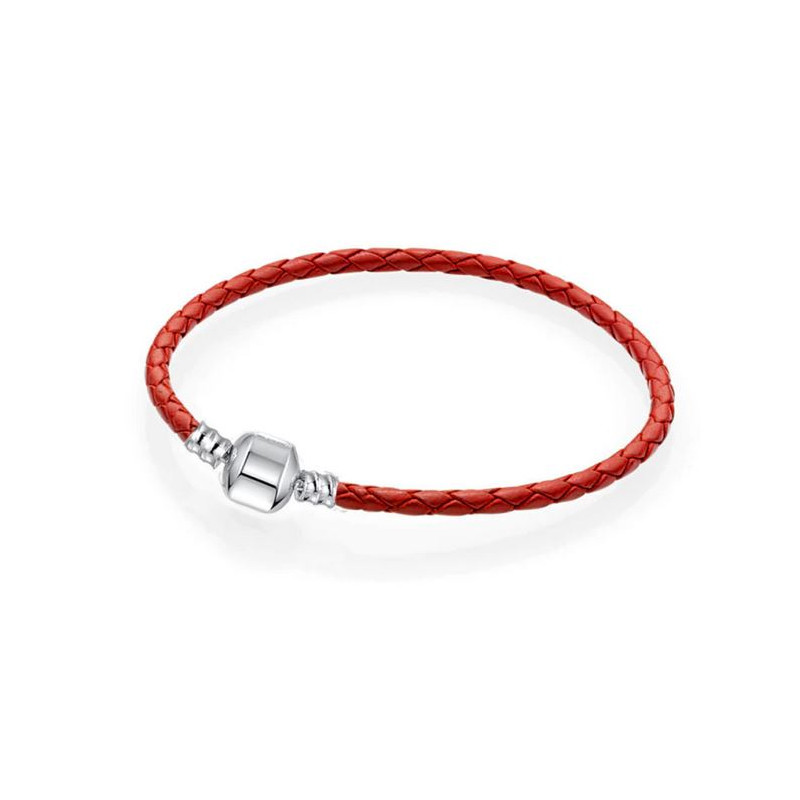 bracelet pour charm tréssé rouge cylindre lisse argent
