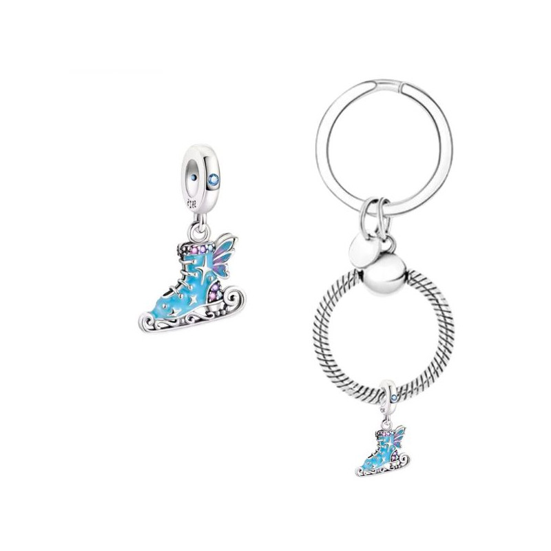 Porte clés avec charm cadeau patin à glace bleu aile