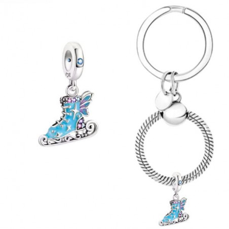 Porte clés avec charm cadeau patin à glace bleu aile