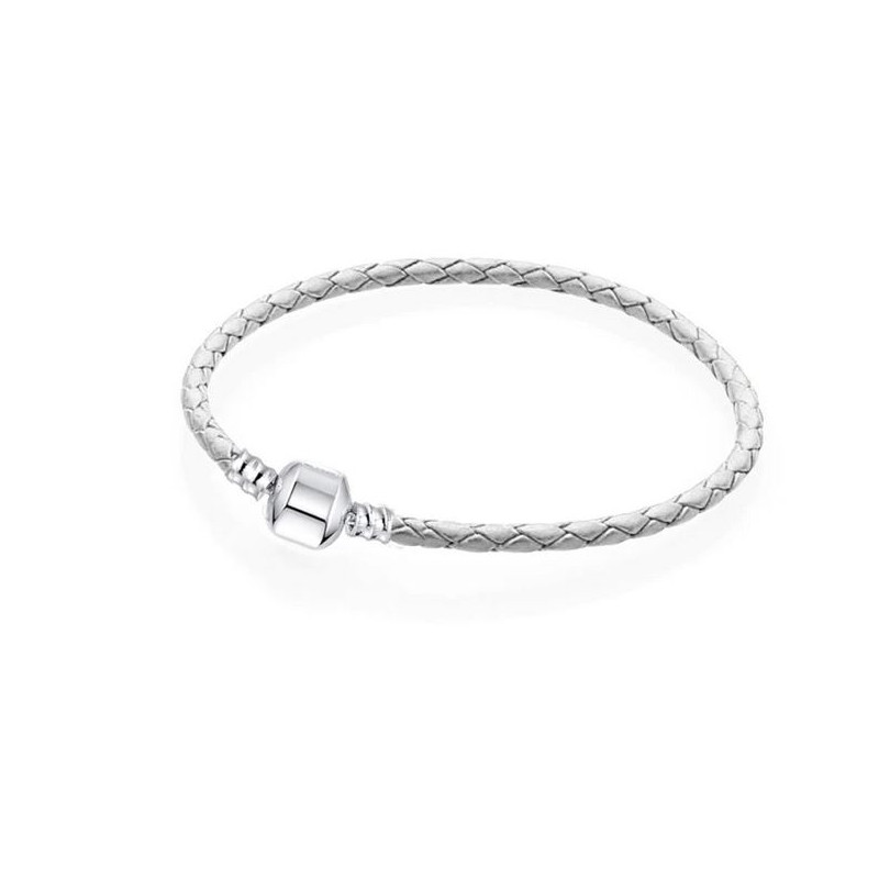 bracelet pour charm tréssé blanc cylindre lisse argent
