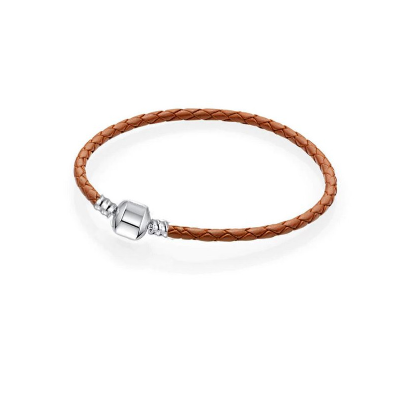 bracelet pour charm tréssé marron cylindre lisse argent