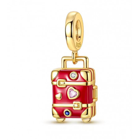 Charm pour bracelet valise rouge voyage vacance or