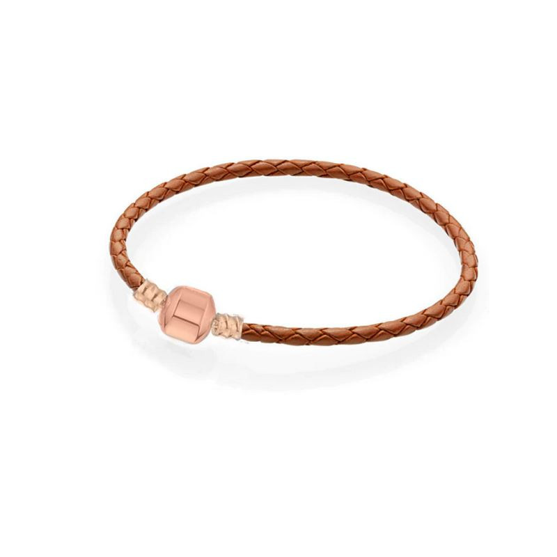 bracelet pour charm tréssé marron cylindre lisse or rose