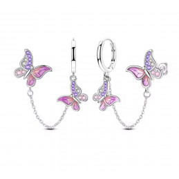 boucles d'oreilles double papillon chaine rose
