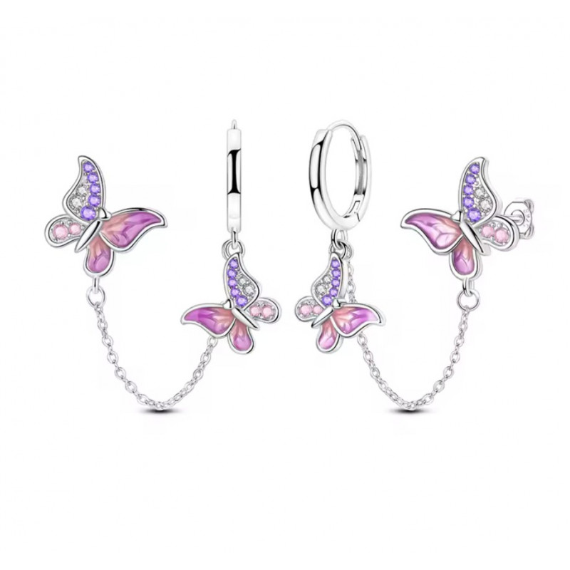 boucles d'oreilles double papillon chaine rose