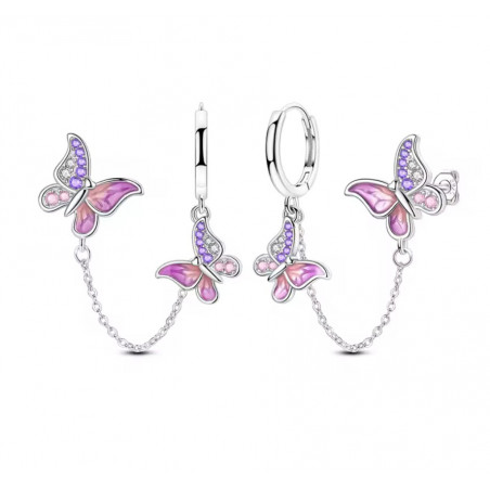 boucles d'oreilles double papillon chaine rose