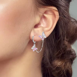 boucles d'oreilles double papillon chaine rose