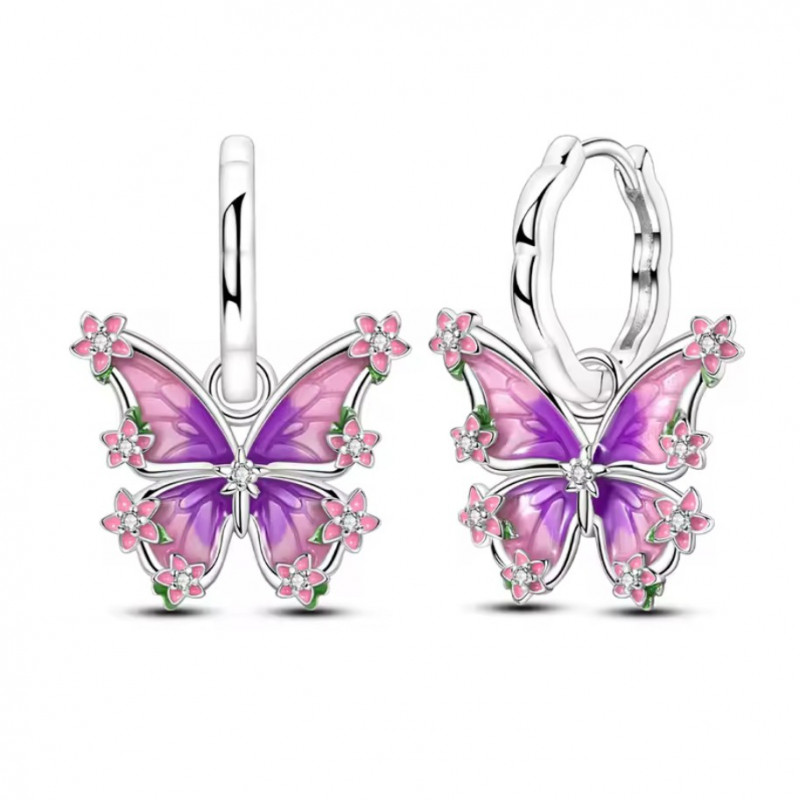 boucles d'oreilles papillon fleur violet rose