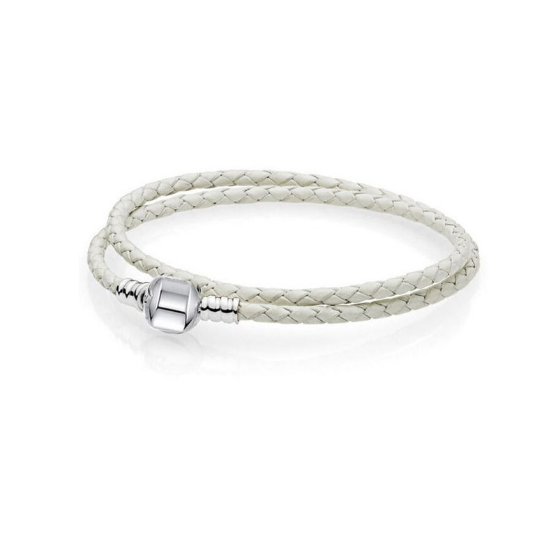 bracelet pour charm tréssé blanc double cylindre lisse argent