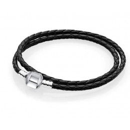 bracelet pour charm tréssé noir double cylindre lisse argent