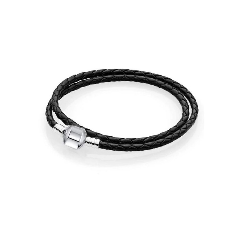 bracelet pour charm tréssé noir double cylindre lisse argent