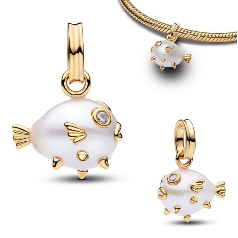Charm pour bracelet poisson perle blanche or