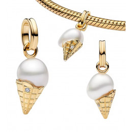 Charm pour bracelet cornet glace or perle blanche