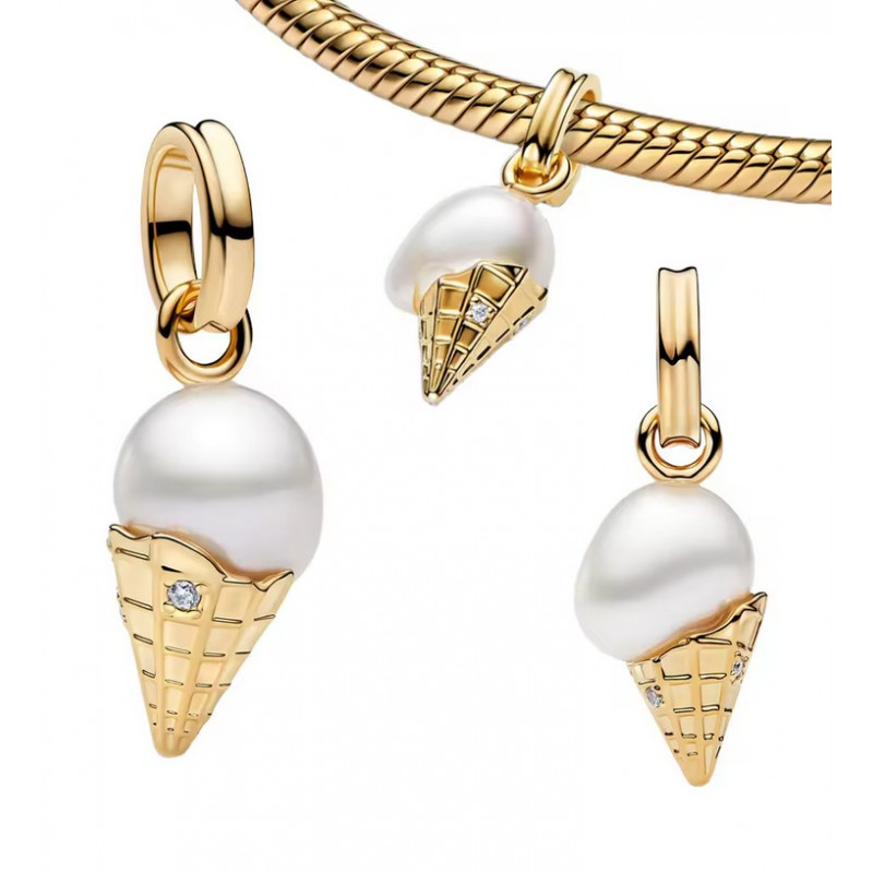 Charm pour bracelet cornet glace couleur doré perle blanche