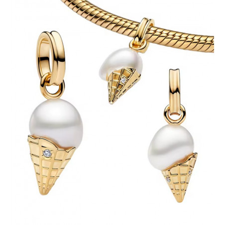 Charm pour bracelet cornet glace couleur doré perle blanche