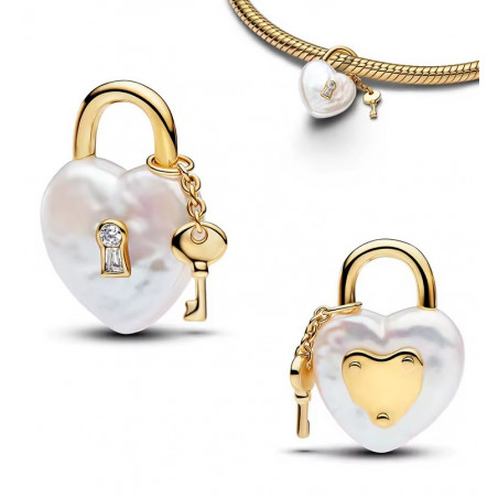 Charm pour bracelet coeur cadena or perle blanche