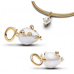 Charm pour bracelet souris or perle blanche
